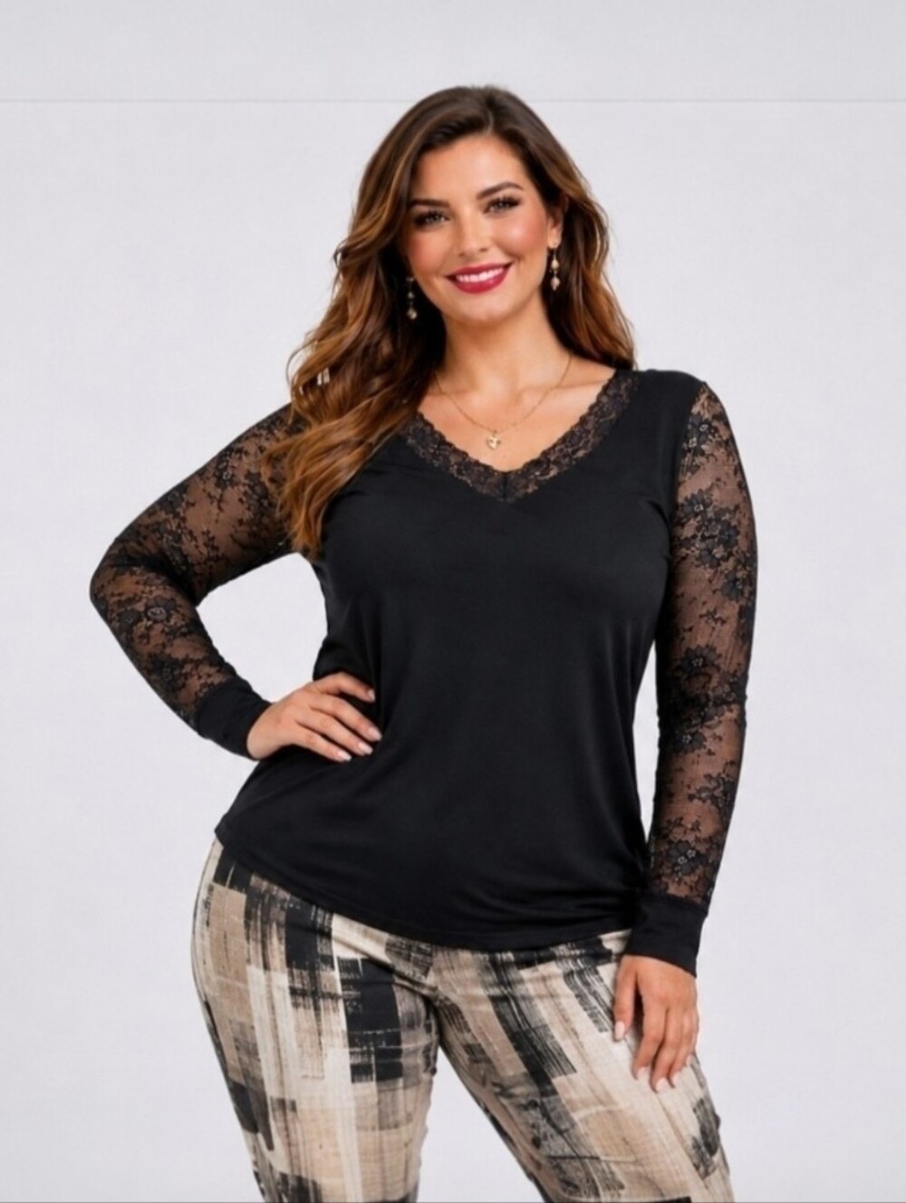 Shein Curve | Gothic Romance Sheer Lace Sleeve V-Neck Blouse | 0XL | NWOT